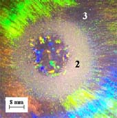 Complete crystallization of volume followed by the formation of the isometric SC crystals.  The crushing zone (2) of the initial SC and then the zone of plastic deformation (3) of the initial macrostructure are seen around the secondary crystals